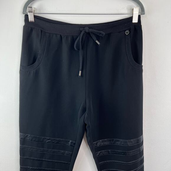 Twin-Set T.S.J. Black Sweatpants Leather Striped Jogger Ribbed Cuff Sz M Medium - Picture 2 of 7